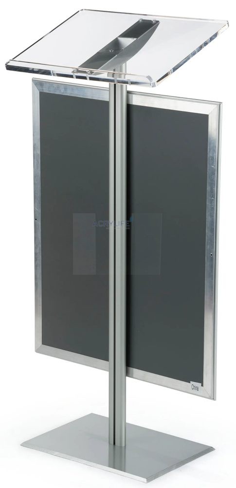 Bục phát biểu mica Acrylife bạc với khung poster và đế nhôm ảnh 2
