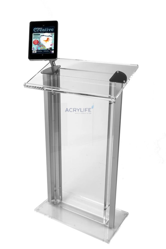 Bục phát biểu mica Acrylife trong suốt – kẹp giữ iPad, khung bạc