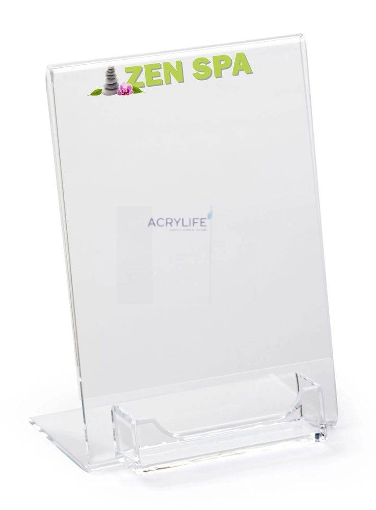 Kệ Menu Mica Acrylife Để Bàn – 13 × 18 cm – Ngăn Đựng Name Card – In UV Tùy Chỉnh
