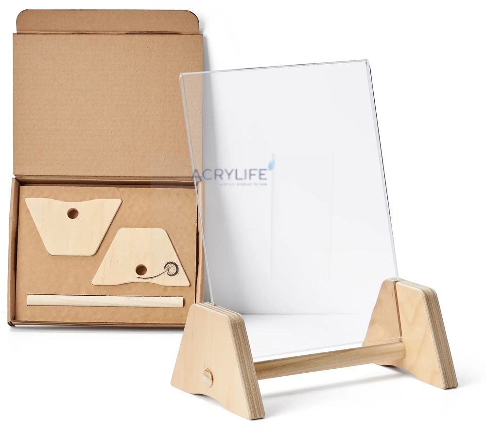 Kệ Menu Mica Acrylife Để Bàn – 22 × 28 cm – Lưng Nghiêng – Gấp Gọn – Chân Gỗ Tự Nhiên