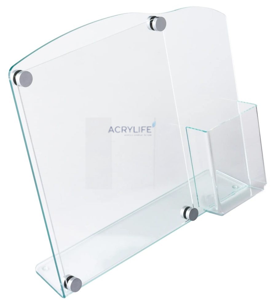 Kệ Menu Mica Acrylife Để Bàn – 22 × 28 cm – Lưng Nghiêng – Ngăn Brochure 10 × 23 cm – Chốt Inox